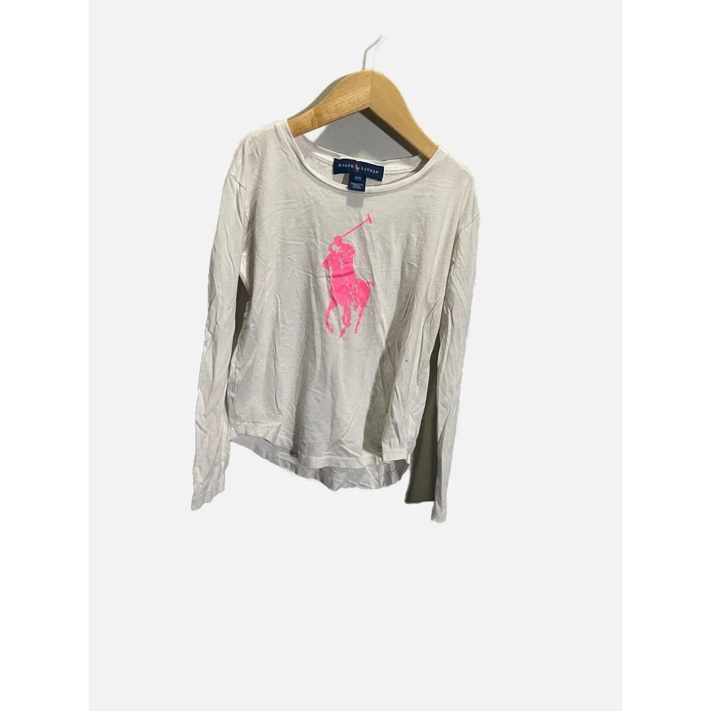 Ralph Lauren Big Pony T-Shirt Girls S(7) White Neon Pink Long Sleeve Casual Prep
